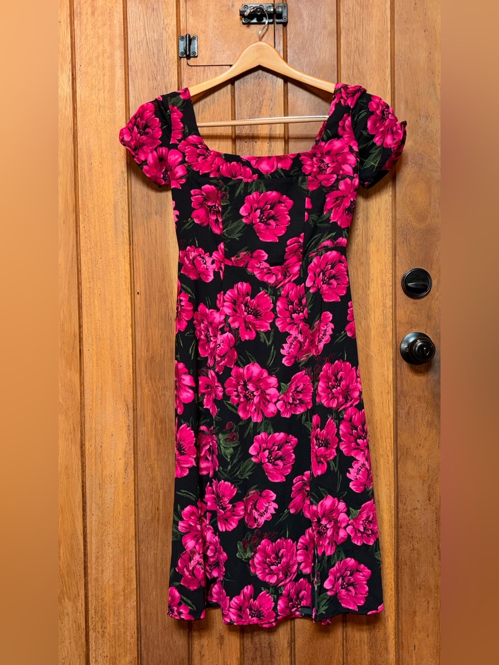 Leith Black Dress with Bold Magenta Floral Print